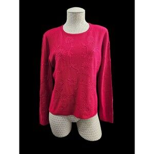 CARLISLE L Silk Wool Embroidered Red Long Slv Lightweight Sweater Pullover EUC